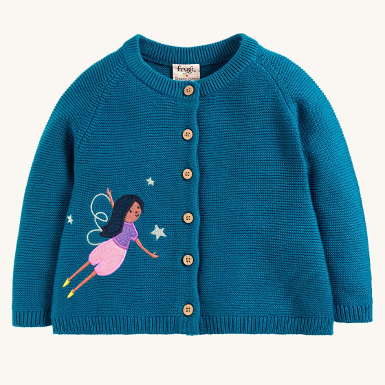 Frugi Colby Cardigan - Fairy on a plain background.