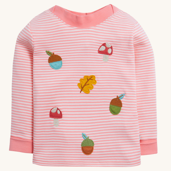 Frugi Easy On Top - Guava Pink Stripe / Acorns on a plain background.