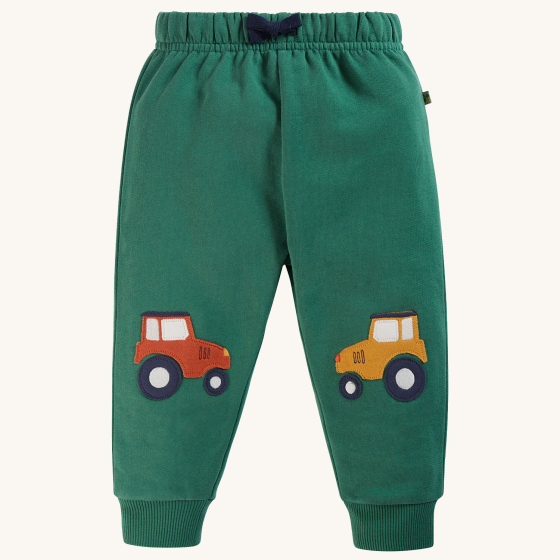 Frugi Switch Character Crawlers - Holly Green / Tractors on a plain background.