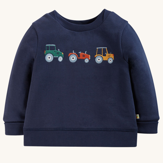 Frugi Switch Easy On Jumper - Indigo / Tractors on a plain background.