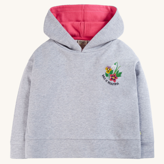The front of the Frugi Switch Lissie Hoodie - Grey Marl / Wild And Wonderful on a plain background.