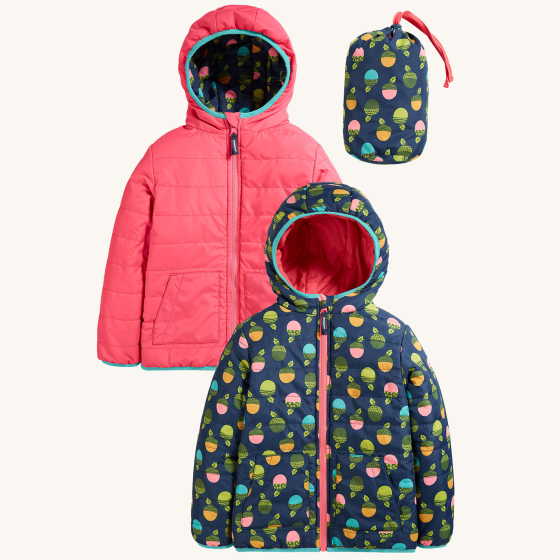 Frugi Reversible Toasty Trail Jacket - Acorns / Honeysuckle on a plain background. Both wearable options are shown.