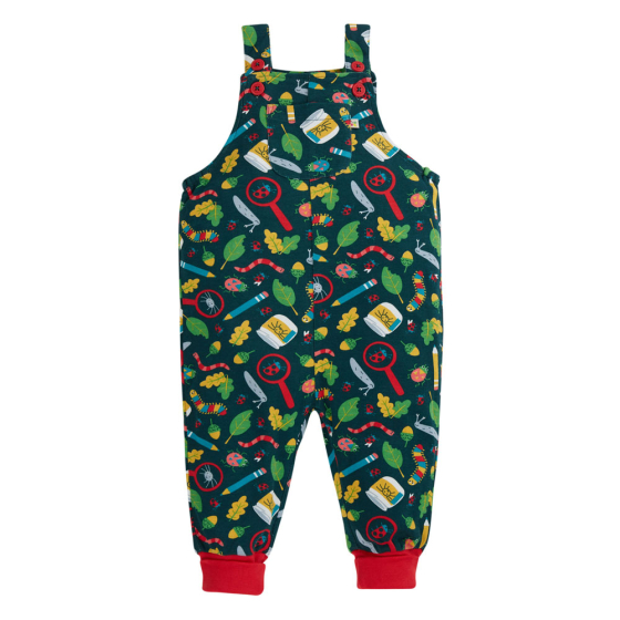 Frugi childrens bug search parsnip dungarees on a white background