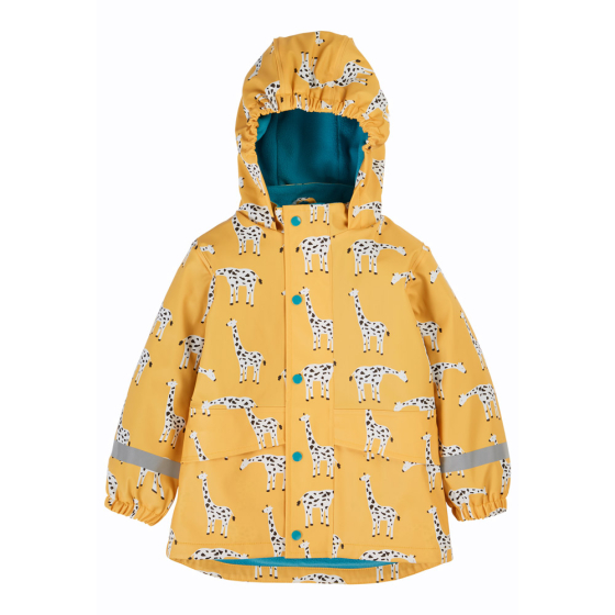 Frugi childrens eco-friendly bumblebee giraffe puddle buster jacket on a white background