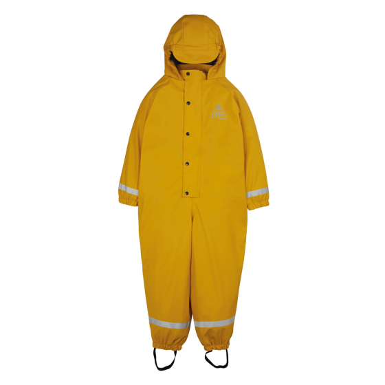 Frugi childrens bumblebee puddle buster all in one suit on a white background