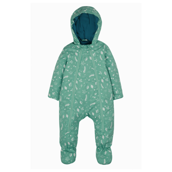 Front of the Frugi childrens forest floor explorer waterproof all in one outfit on a white background