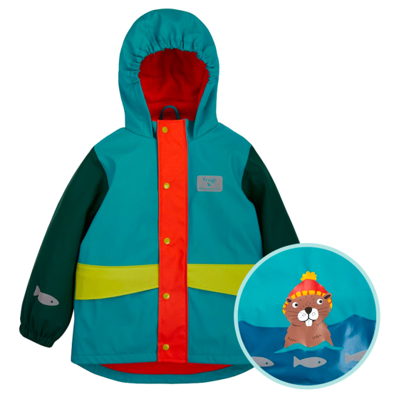 Front of the Frugi childrens National Trust beaver jacket with a circle showing a close up of the beaver design on the back