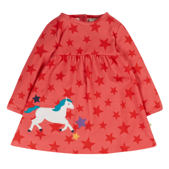 Frugi childrens red star print dolcie dress on a white background