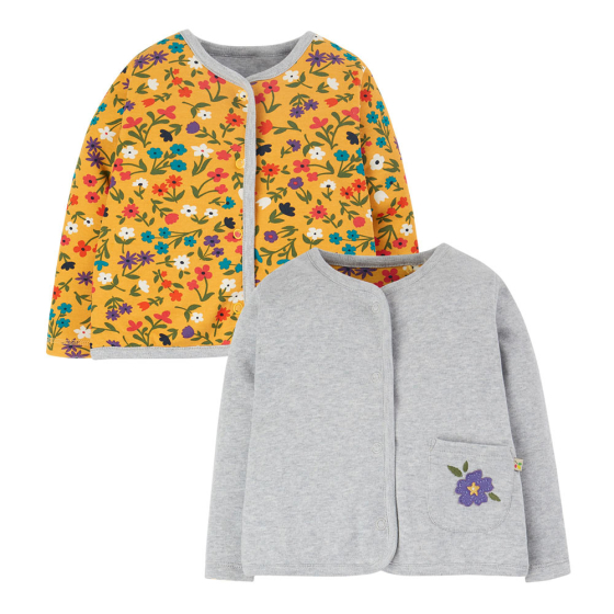 Front and back of the Frugi childrens wild flowers reversible jacket on a white background