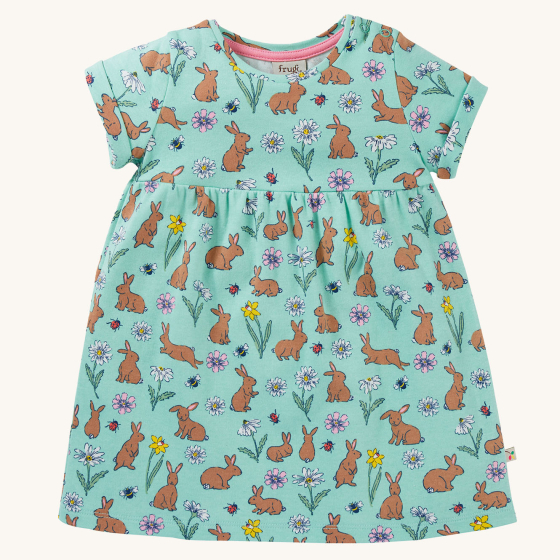 Frugi Organic Cotton Tallie Dress - Riverine Rabbits. Made with GOTS Organci Cotton, this dress is a beautoful mint green colour, with decorative brown rabbits, yellow, white and pink flowers, bees and ladybirds, on a cream background