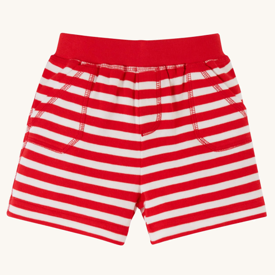 Frugi Ellis Shorts - True Red Stripe pictured on a plain background 