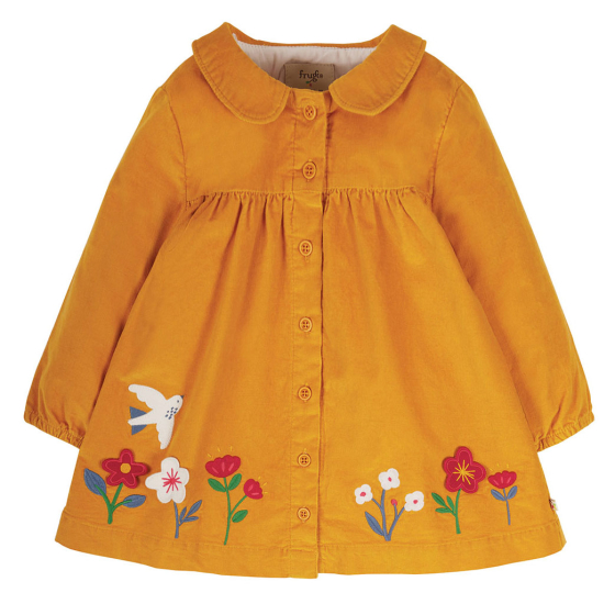Frugi gold and ptamigan coco cord kids dress on a white background
