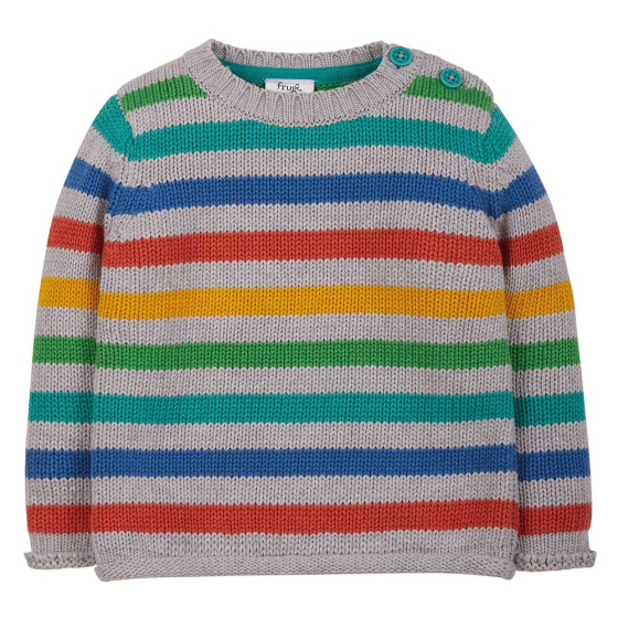 Frugi grey marl and rainbow stripe childrens apex knit jumper on a white background