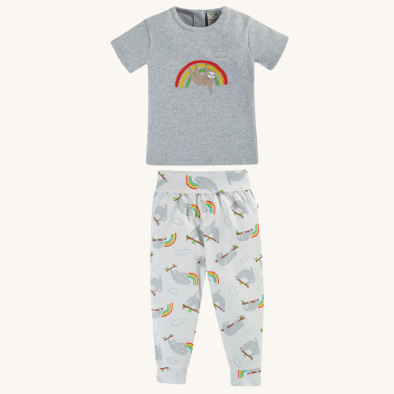 Frugi Children's GOTS Organic Cotton Frankie Summer Outfit - Sleepy Sloths. A beautiful 2 piece outfit including a grey short sleeved top with a sloth and rainbow character applique with comfy white cuffed sloth and rainbow pull ups with a folded waistban