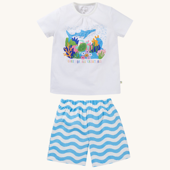 Frugi Children's Organic Cotton Fearne Pyjamas - Coral Reef. The pyjamap short sleeve t-shirt has a beautiful sea-life print on white fabric with an important message to "Care for all creatures", paired with light blue and white wavy stripe pyjama shorts,