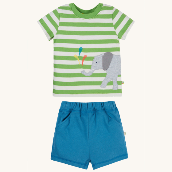 Frugi Organic Easy On Wrap Around Outfit - Kiwi Stripe / Elephant. A green and white stripe t-shirt with a gorgeous grey elephant character applique and red, blue and green water sprays, that wraps around the side of the tee, and coordinating blue shorts.