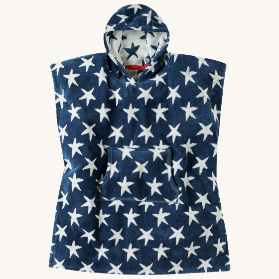 Frugi Children's Organic Cotton Havana Hooded Towel - Navy Starfish. A soft hooded towel poncho in Navy Blue with white starfish print on the outside. Inside is white with navy blue star fish and red piping. On a cream background