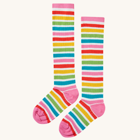 Frugi Organic Hygge Knee High Socks - Rainbow. Colourful rainbow striped knee high long socks, with white, pink, red, yellow, green and blue rainbow stripes, on a cream background