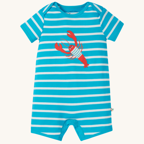 Frugi Children's Organic Cotton Rue Romper - Tropical Sea Stripe / Lobster. A cute lobster applique on the front on a stripy light blue and white romper suit, with poppers along the crotch. The lobster is also wearing a blue and white stripy top too!