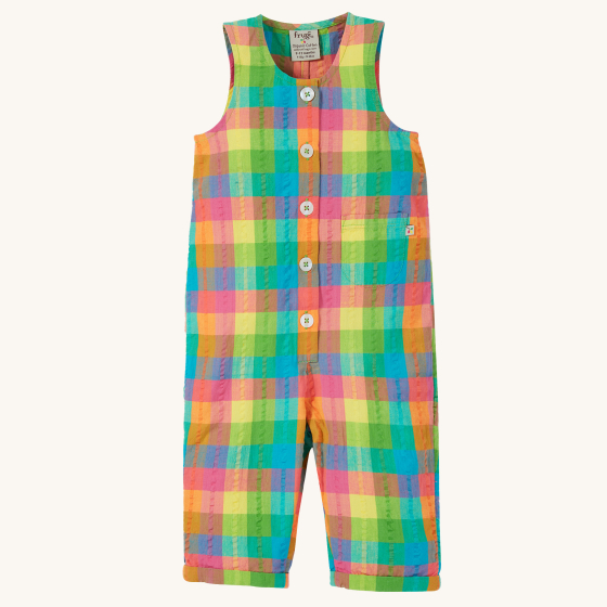 Frugi Organic Jesse Seedsucker Dungarees - Summertime Check. A soft and lightweight organic cotton, with all-over checked print, these sleeveless dungarees have a patch pocket and button fastenings on the front. On a cream background