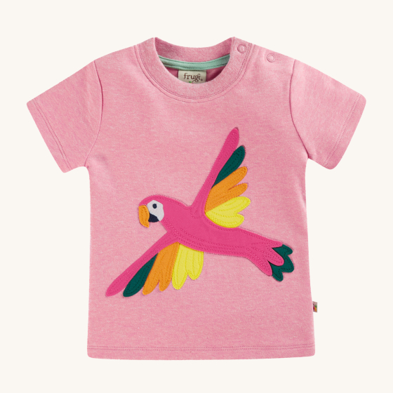 Frugi Organic Little Creature Applique T-Shirt - Pink Marl / Macaw. A soft, dusky organic cotton top, with a beautiful pink, yellow and orange winged Macaw applique, with popper fastenings on the shoulders. On a cream background
