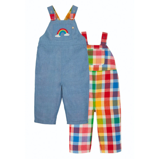Outside and inside of the Frugi childrens organic cotton reversible rio rainbow dungarees on a white background