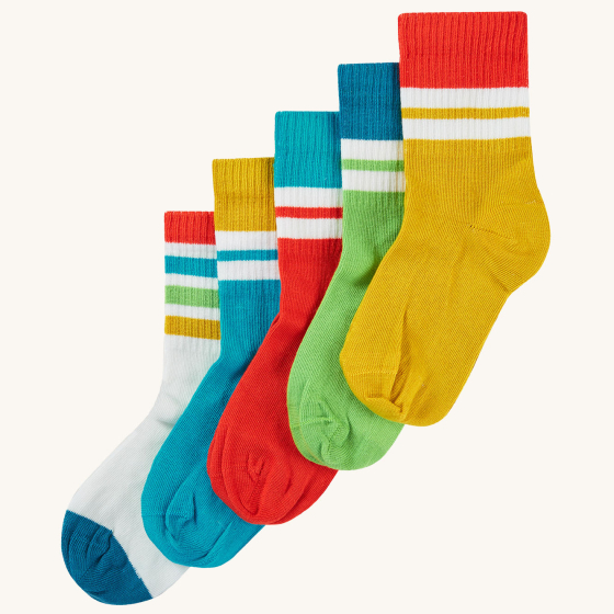 Frugi Reed Rib Socks 5-Pack - Rainbow, made from GOTS Organic Cotton. A five pair pack of ribbed socks featuring striped designs, on a cream background.