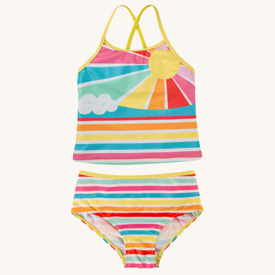 Frugi Kiri Tankini - Sunshine. A beautiful and clolourful sunshine striped print tankini, bottoms and top set with yellow cross over back and soft lining. Made with Recycled material, on a cream background