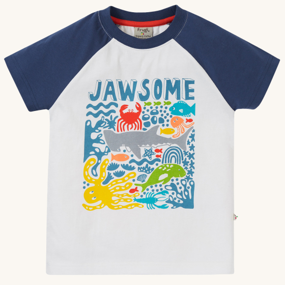 Frugi Reid Raglan T-Shirt - Jawsome. A colourful t-shirt made from GOTS Organic cotton  with a white body with sea-life animal print, and navy short sleeves. On a cream background