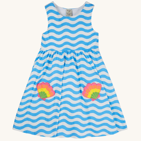 Frugi Children's Organic Cotton Samantha Sleeveless Summer Dress - Wave Stripe / Shell. A gorgeous light blue and white wavy print with two shell applique patches, on a cream background