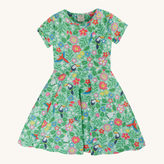 Frugi Children's Organic Cotton Spring Skater Dress - Tropical Birds. A beautiful tropical bird and flower print on a twirly short sleeve skater dress, on a cream background