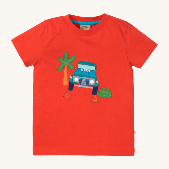Frugi Organic Avery Applique T-Shirt - Orangutan / Vehicle. A deep orange, soft, organic cotton top with a jeep and palm tree applique on the front. On a cream background