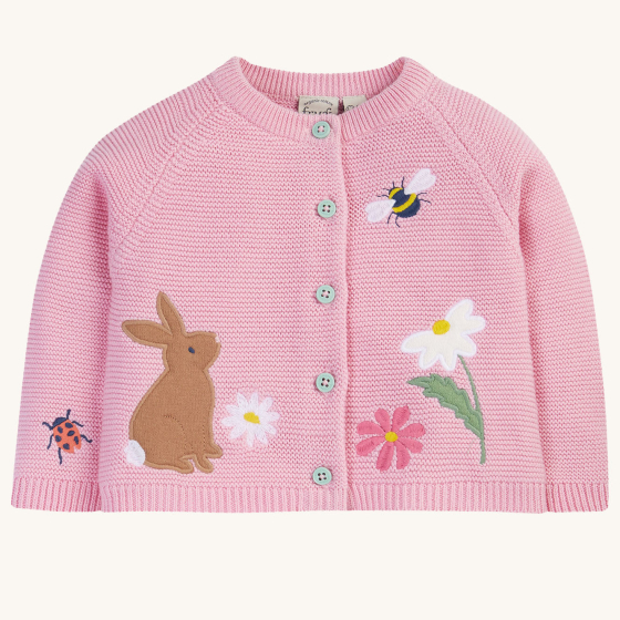 Frugi Colby Cardigan - Jellyfish / Rabbit. A beautiful pink, knitted cardigan with a rabbit, ladybird, bee and flower applique detail on the front, and light grey buttons. On a cream background