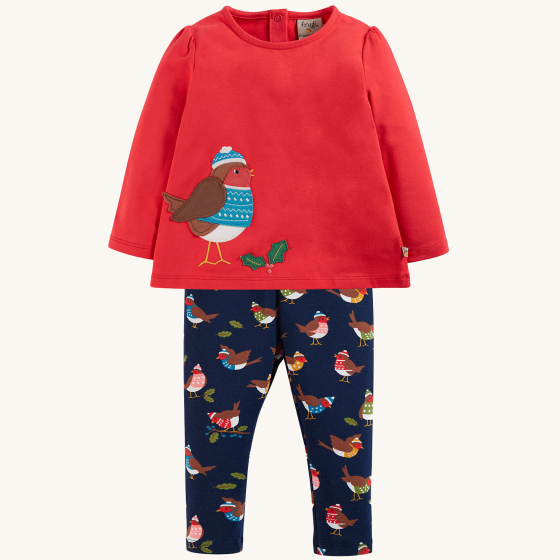 frugi ola outfit red long sleeved top with robin detail and navy leggings with robins pattern