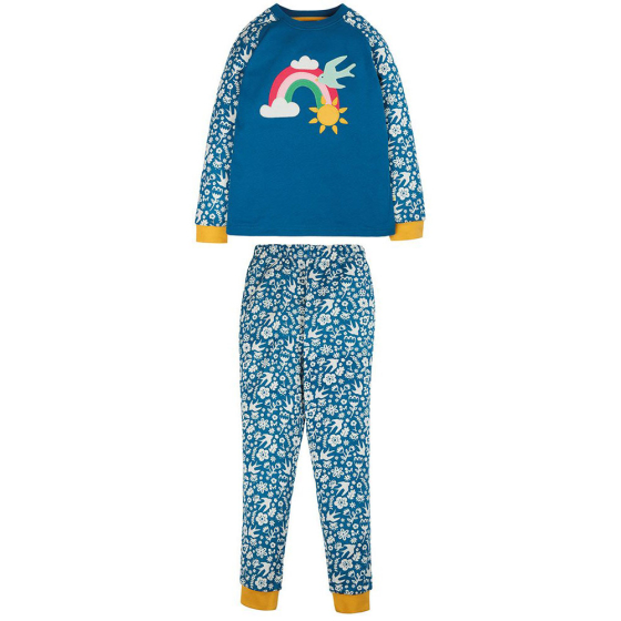 Frugi Jamie jim jams blue rainbow applique blom print with yellow sleeve and ankle cufffs on a white backgound