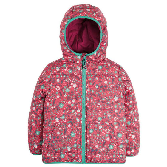 Frugi recycled polyester eco-friendly childrens reversible mountainside floral rain coat on a white background