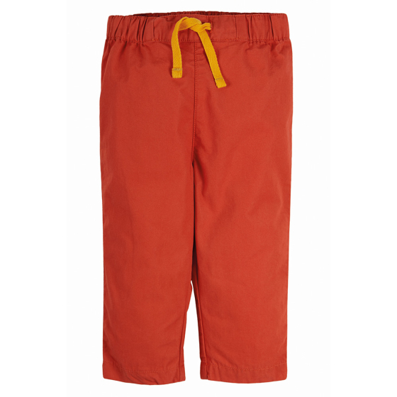Frugi organic cotton red tommy trousers with yellow drawstring on white background