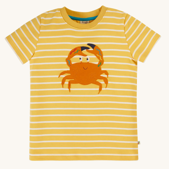 Frugi Sid Applique T-Shirt Bumblebee yellow Crab pictured on a plain background