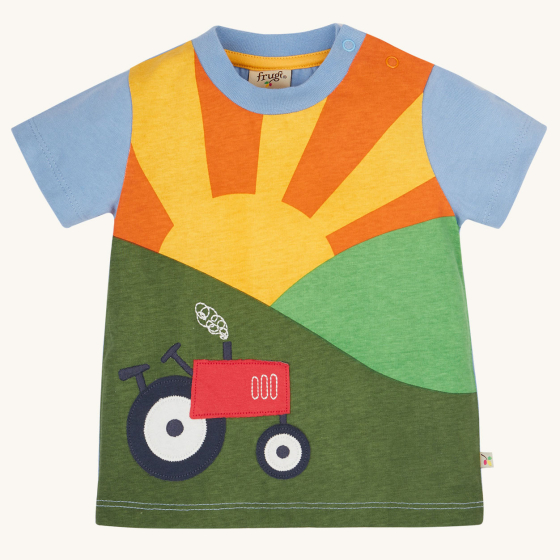 Frugi Sunshine Tractor Lori Printed T-shirt pictured on a plain background