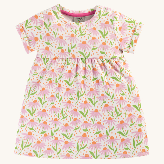 Frugi Children's Organic Cotton Tallie Dress - White Echinacea. Made from 100% soft and lightweight organic cotton in a gorgeous White Echinacea print, on a cream background