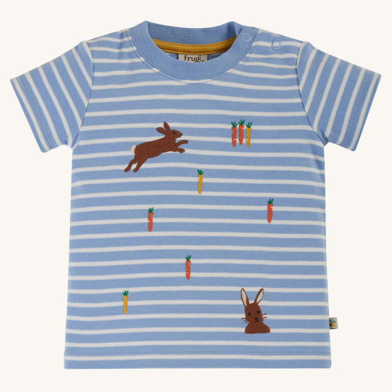 Frugi Tide Stripe Rabbits Ennis Embroidered T-Shirt pictured on a plain background