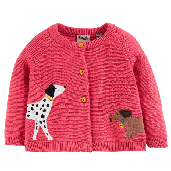 Frugi Watermelon pink dog Character Cardigan pictured on a plain white background