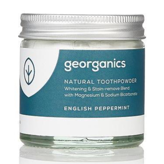 Georganics Natural Toothpowder, English peppermint in glass jar with metal lid, on a white background