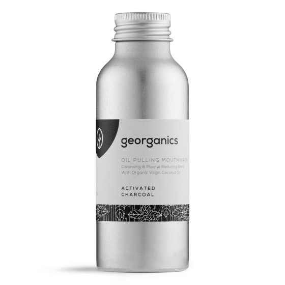 100ml stainless steel bottle of Georganics oil pulling charcoal mouthwash on a white background
