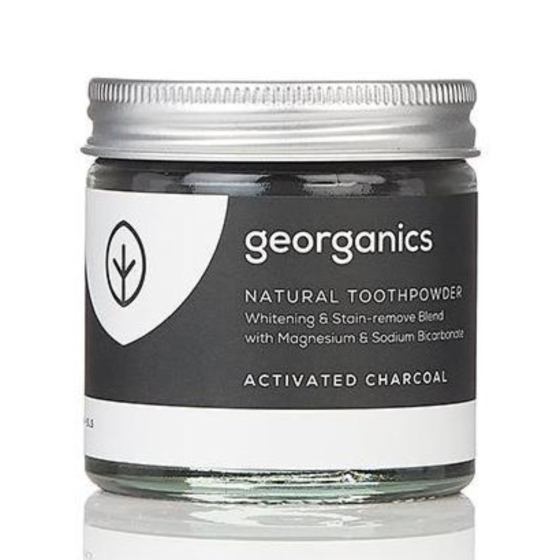 Georganics Natural Toothpowder - Activated Charcoal 60ml, in glass jar with metal lid, on white background