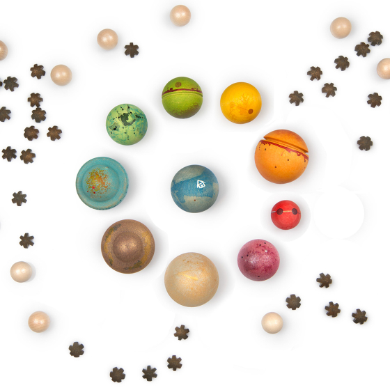grapat universe playset with 9 planets, stars and asteriods made from wood and hand painted