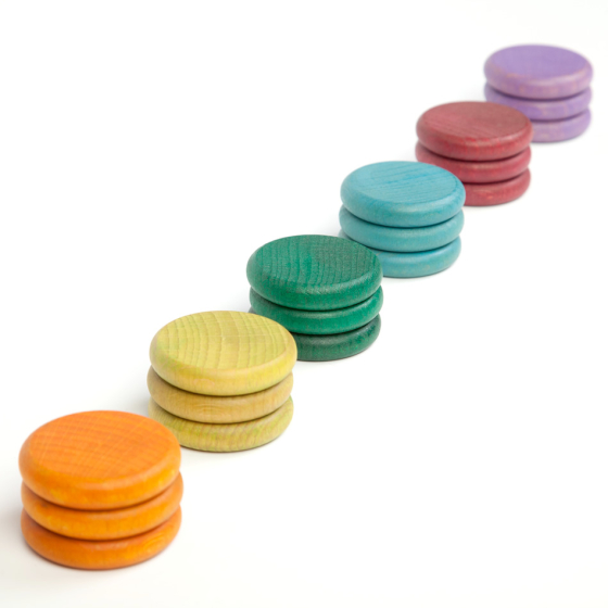 Grapat Loose Parts Earth Tone Wooden Coins 6 Colours Supplementary Set, set of 18 stacked in 6 colours