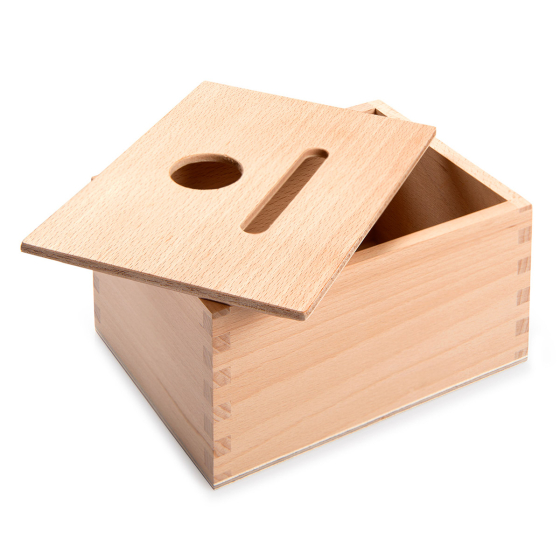 Grapat wooden permanence box with the lid open on a white background