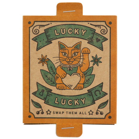 Grapat luck lucky box picture, has the words lucky lucky and an illustration of a cat holding a heart. Swap them all