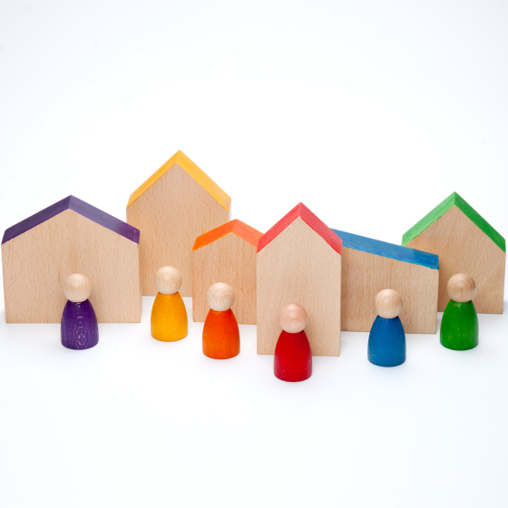 Grapat Nins® and Houses Set including 6 colourful Nin peg people and 6 coordinating colour abstract houses. Great for colour matching and imaginary play. White background.